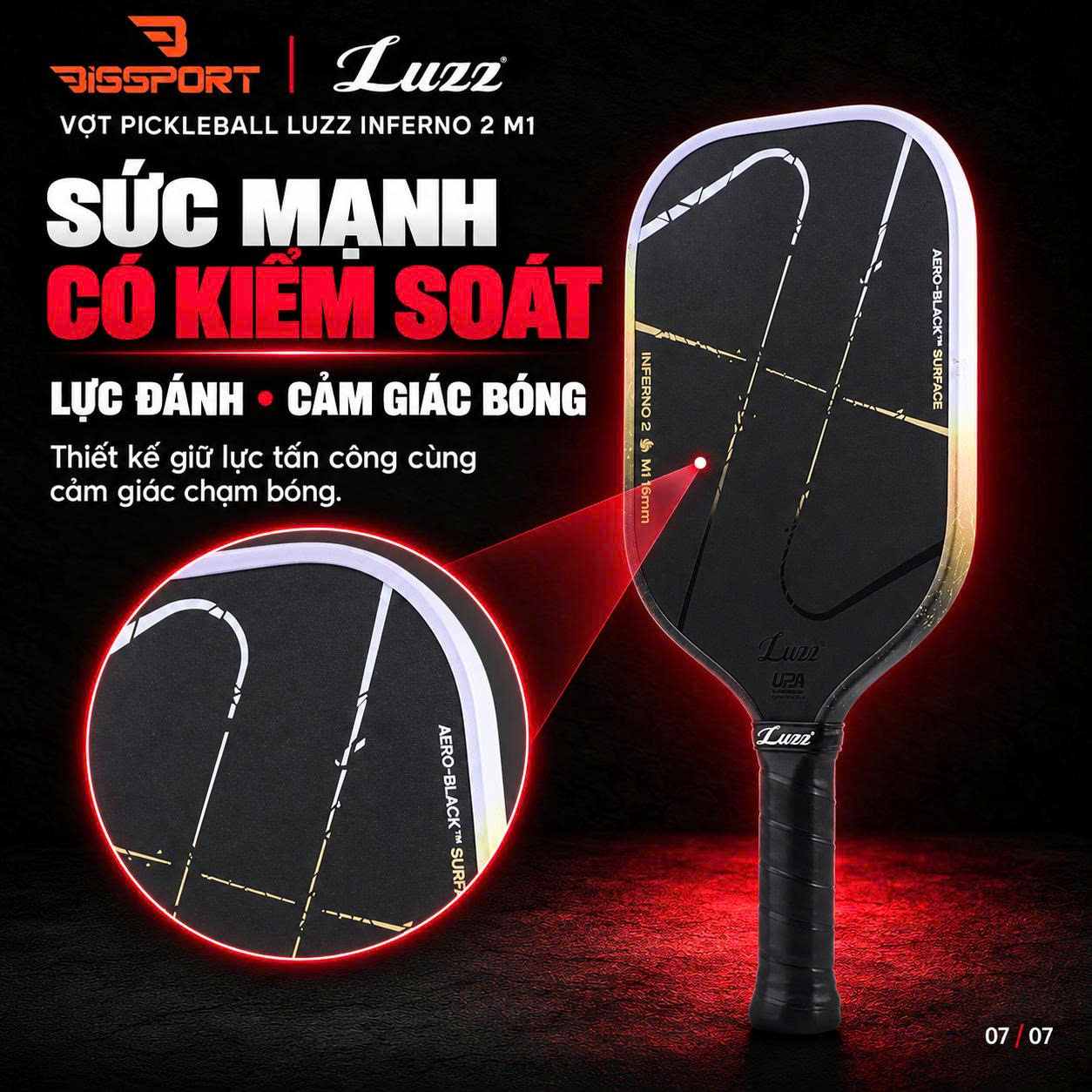 Vợt Pickleball LUZZ Inferno2 M1 Chính Hãng - 16mm - Lõi Foam MPP2 - Đánh Công Mạnh - Xoáy Tốt - Bền Bỉ - Ổn Định